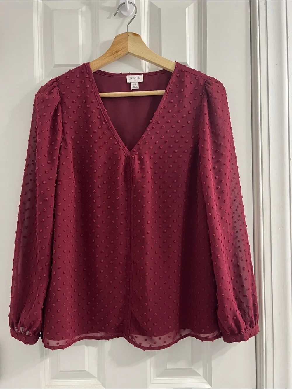 J. Crew Wine Textured Swiss Dot V-Neck Blouse-XS